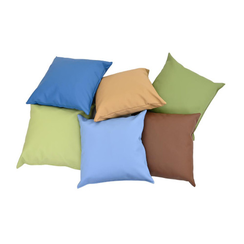 Children's Factory Puffy Floor Pillows, Woodland - Set of 6, colorful foam floor pillows in blue, beige, green, and brown for children's playrooms or daycares.