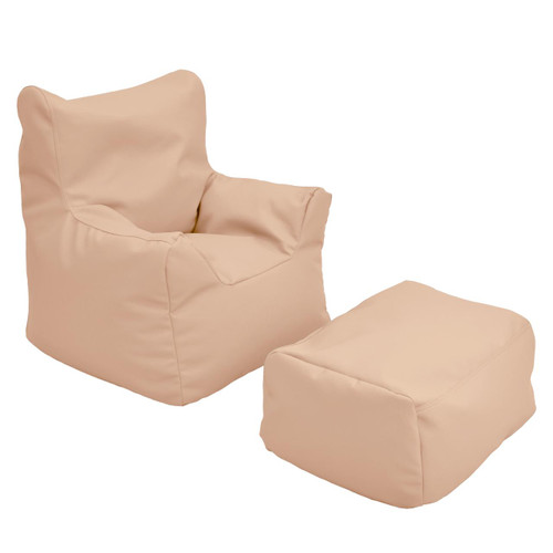 Children's Factory Cozy Soft Chair and Ottoman - Almond, plush beige children's chair with matching ottoman for comfortable reading or lounging.