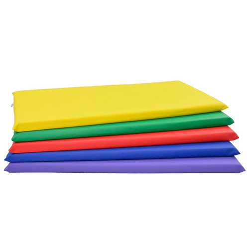 Children's Factory Nap Time Rest Mats, Rainbow - Set of 5, colorful rectangular mats stacked in yellow, green, red, blue, and purple for children.