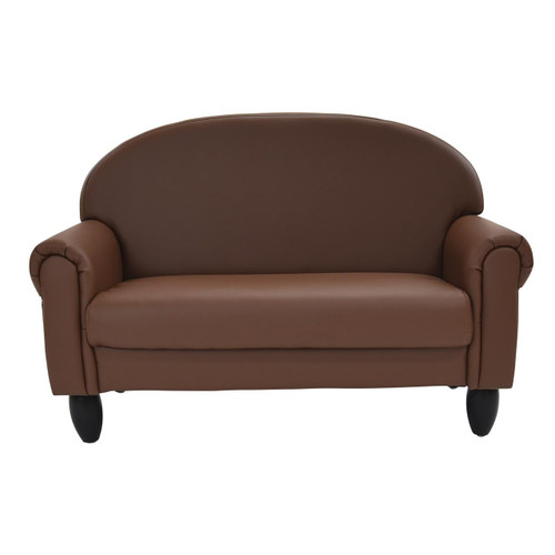 Children's Factory AS WE GROW Chair and Sofa - Walnut, child's brown faux leather loveseat with rounded armrests and black wooden legs.