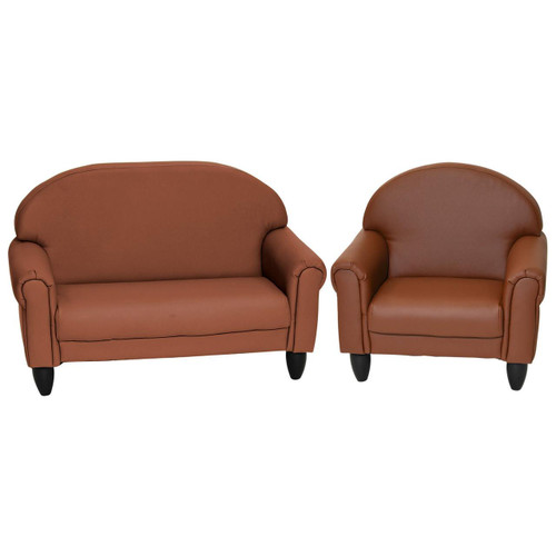 Children's Factory AS WE GROW Chair and Sofa - Walnut, set of furniture for children with a sofa and an armchair, featuring brown leather upholstery and black wooden legs.