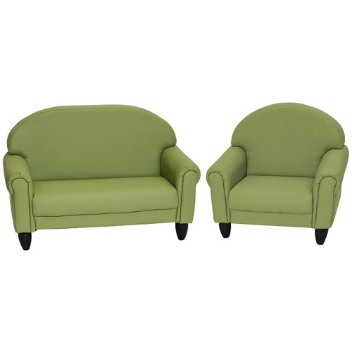 Children's Factory AS WE GROW Chair and Sofa - Sage, children's small sofa and armchair in sage green fabric with black wooden legs.