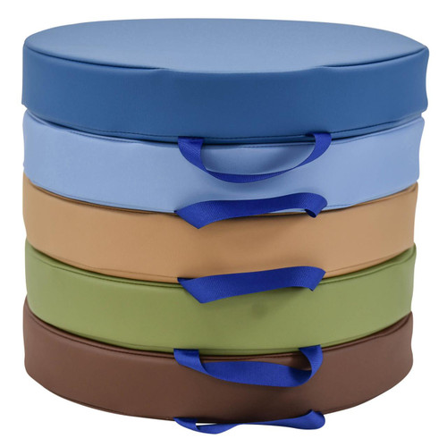 Children's Factory Round Floor Cushions, Woodland - Set of 6, colorful round foam cushions in blue, tan, green, and brown with blue handles for children's play and seating.