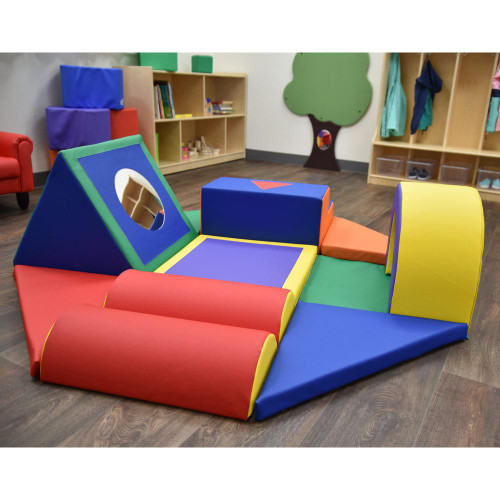 Children's Factory Shapes and Play Obstacle Course, Rainbow, colorful foam play structure for children in a playroom.