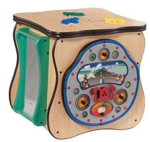 Playscapes Safari Activity Island Play Cube, wooden activity cube for children with colorful interactive panels and a built-in chalkboard.