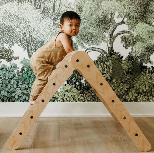 Toddler Climbing on Classic Rainbow Climbing Triangle