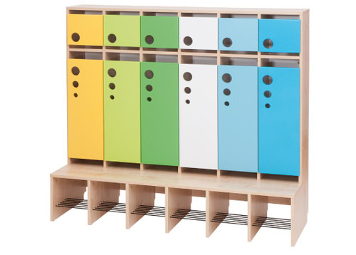 Moje Bambino Universal Cloakroom 2 Cubbies, colorful wood storage unit with 8 cube compartments and pull-out doors in yellow, green, white, and blue for children's rooms and schools.