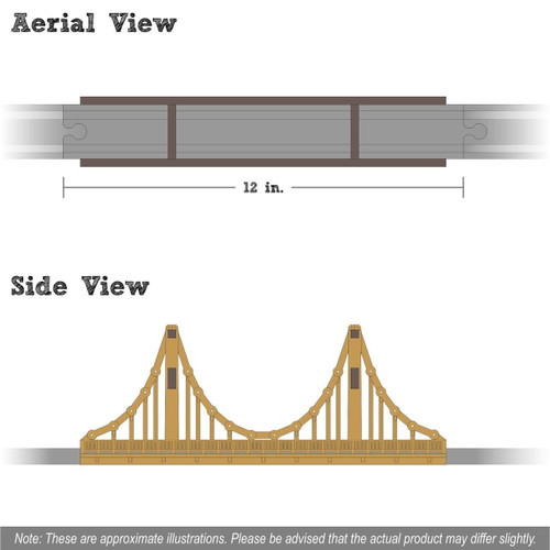 Maple Landmark Roberto Clemente Wooden Train Bridge, images showing aerial and side views with dimensions.