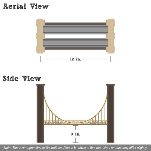 Maple Landmark Brooklyn Bridge Wooden Train Bridge, detailed illustration showing top view with 12-inch length and side view with 3-inch height of the wooden train bridge.