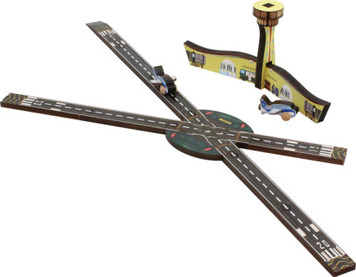 Maple Landmark Airport Wooden Train Set, a wooden train playset with runway, airplane, control tower, and airport gate accessories.