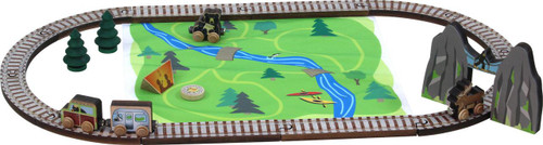 Maple Landmark Mountain Adventure Wooden Train Set, colorful wooden train set with a scenic mountain and forest theme, including train tracks, train cars, trees, and mountain obstacles.