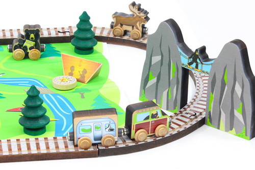 Maple Landmark Mountain Adventure Wooden Train Set, colorful wooden train set with mountain tunnels, train tracks, trees, and animal figurines.