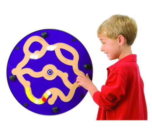 Playscapes Junior Amazer Wall Toy, Purple & Maple, interactive maze game with a circular purple background and a maze made of wooden paths, with a child in a red shirt guiding a ball through the maze.