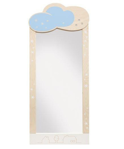 HABA Pro Fairy Tale Cloud Safety Wall Mirror, children's wall mirror with a cloud-shaped top and a safe, rounded wooden frame decorated with stars and house illustrations.