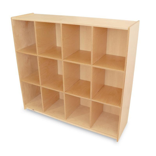 Whitney Brothers 12 Cubby Backpack Storage Cabinet, wooden cubby storage unit with 12 open compartments for organizing backpacks and personal items.