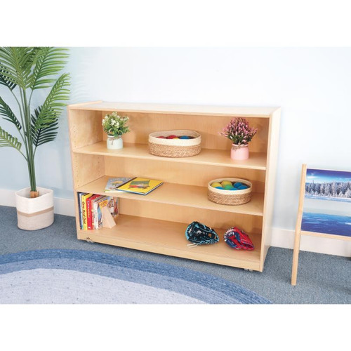 Whitney Brothers Mobile Bookshelf Cabinet 36H, wooden children's bookshelf with three shelves filled with books, baskets, and decorative items in a modern nursery setting.