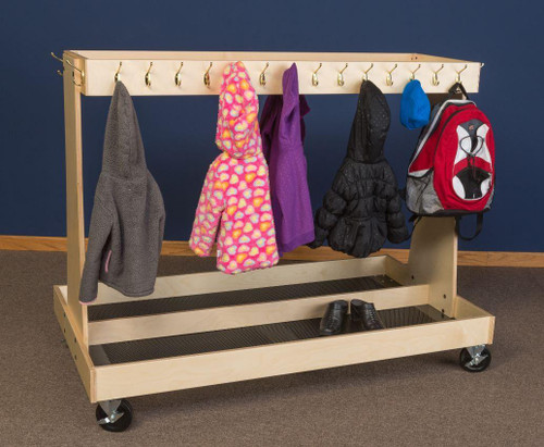 Gressco Mobile Classroom Backpack Cart, wooden portable coat rack with hooks holding children's jackets and backpacks.