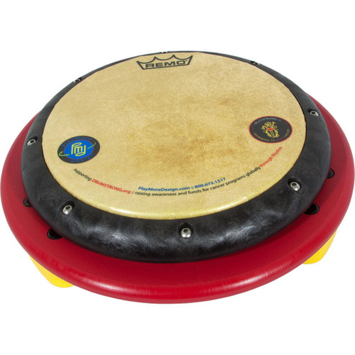 Playmore Designs SinGle Play Drum Table, circular drum with a beige drum surface and a black padded edge, supported by a red base.