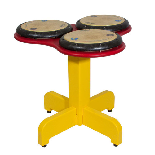 Playmore Designs TriPPPle Play Drum Table, colorful children's drum table with three drum pads on a yellow stand.