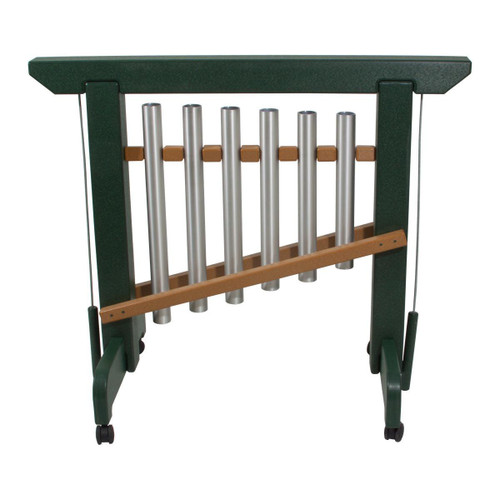 Playmore Designs Outdoor 6-Note Eco Chime Unit, multi-tone metal chime with wooden frame and stand for outdoor garden or patio decor and sound therapy.