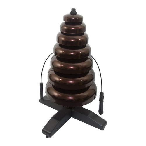 Playmore Designs EnSoul Musical Bell Tree, a brown metallic bell tree musical instrument with a curved stand and attached mallets for creating soothing bell sounds.