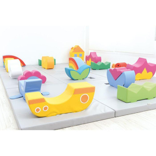 Moje Bambino Play Elements for Play Corner Mats, colorful foam building blocks arranged on soft foam mats for children's play area.