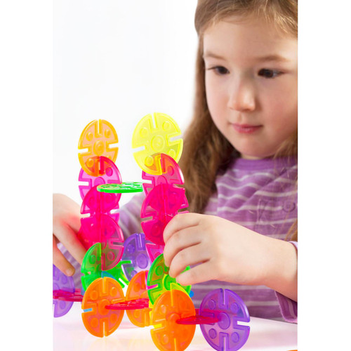 Guidecraft Interlox Round Discs Construction Set - 96 Piece Set, colorful plastic round discs connected to form a creative structure.