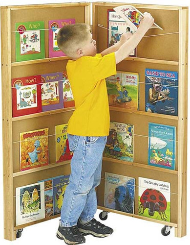 Jonti-Craft Mobile Library Bookcase - 2 Sections, a child selecting a book from a multi-tiered wooden bookcase with wheels.