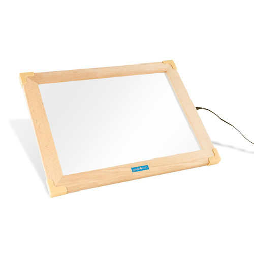 Guidecraft Ultra-Slim LED Light Activity Tablet, wooden-framed illuminated drawing board with a sleek and slim design and a power cord attached.
