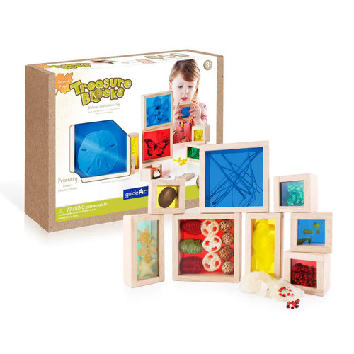 Guidecraft Primary Treasure Wooden Play Blocks, educational wooden blocks with colorful transparent sections and various textured materials for early childhood development.