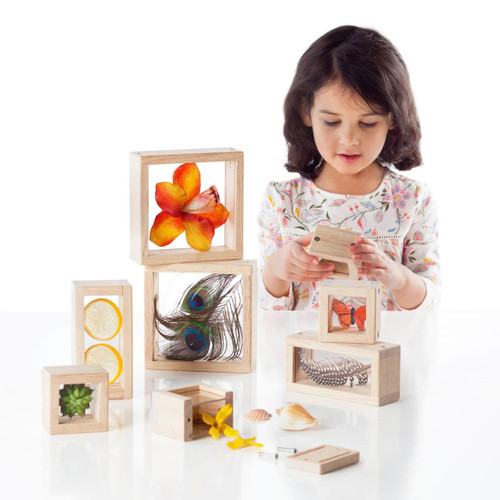 Guidecraft Primary Treasure Wooden Play Blocks, educational wooden blocks with nature-themed images and natural wood finish, for creative play and learning.