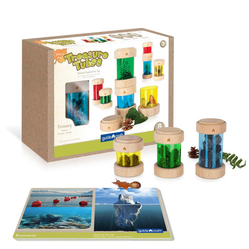 Guidecraft Primary Treasure Tubes Sensory Set, educational toy with colored tubes filled with different objects for sensory exploration.