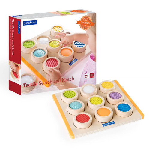 Guidecraft Tactile Search and Match Wooden Puzzle, educational toy with colorful textured shapes in wooden bowls for sensory and matching activities.