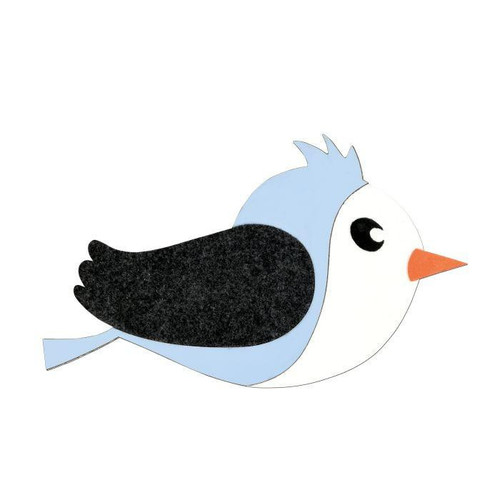 Moje Bambino Bird Sensory Wall Decor, a cute bird-shaped wall decoration for babies with a white face, blue crest, black wing, and orange beak.