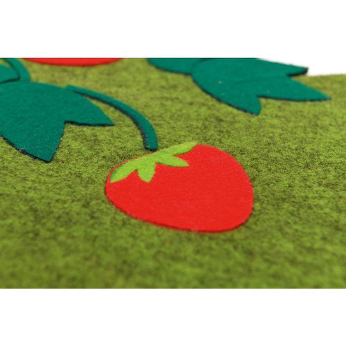 Moje Bambino Grass and Strawberries Sensory Wall Decor, felt wall hanging with strawberry and leaf shapes on a green grassy background.
