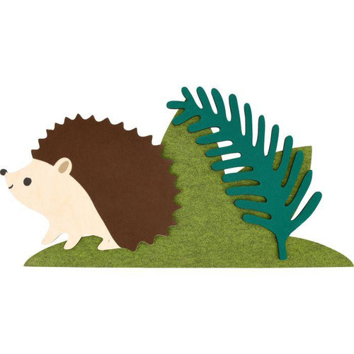 Moje Bambino Hedgehog and Grass Sensory Wall Decor, plush hedgehog with textured spiky brown back and soft cream face, surrounded by green grass and fern leaves, ideal for children's sensory room.