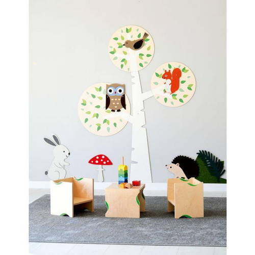 Moje Bambino Tree and Friends Sensory Wall Decor, colorful wall art featuring a tree with animal illustrations including a bird, squirrel, and owl on a children room wall.