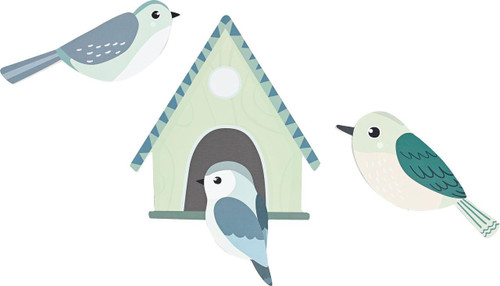 Moje Bambino Birds Wall Decor, decorative wall art featuring four colorful bird illustrations and a birdhouse, suitable for children's room decor.