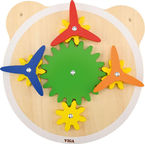 Moje Bambino Spinning Pinwheels Sensory Wall Toy, colorful wooden wall-mounted toy with three spinning pinwheels in red, blue, and orange, and a green gear at the center for sensory engagement.