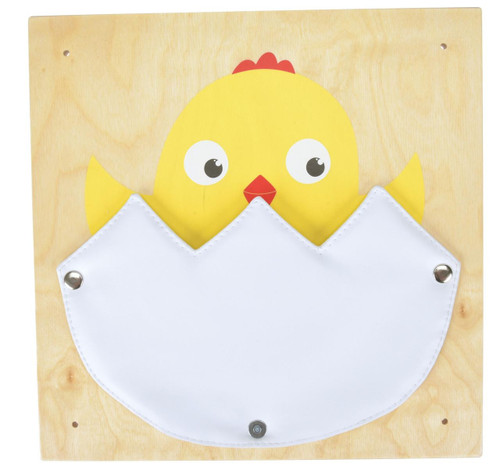 Moje Bambino Chicken Fine Motor Skills Wall Panel, interactive wooden educational toy for children featuring a cute yellow chicken peeking out of an egg-shaped pocket.
