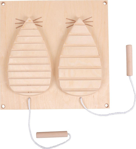 Moje Bambino Sound Mice Fine Motor Skills Wall Panel, educational wooden play panel with two mouse-shaped climbing structures and a pulling string to enhance children's fine motor skills.