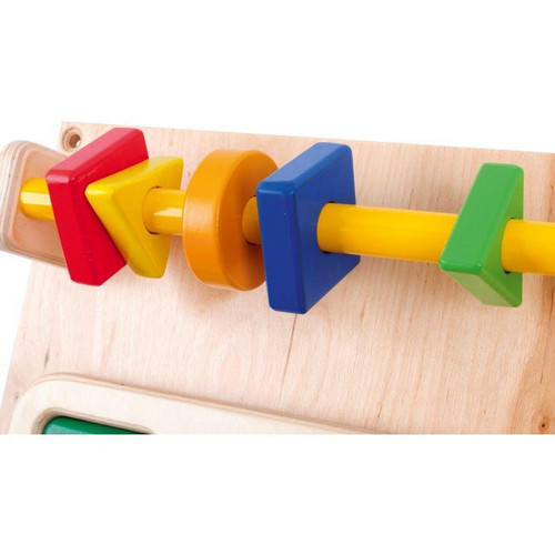 Moje Bambino Manipulation Fine Motor Skills Wall Panel, colorful educational wooden toy for children to develop fine motor skills and hand-eye coordination.