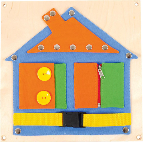 Moje Bambino House Fine Motor Skills Wall Panel, colorful educational toy with buttons, zippers, and fabric pockets for children's fine motor skill development.