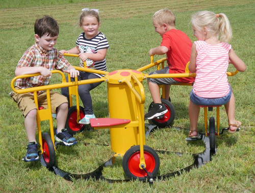 Infinity Playgrounds Infinity Cycle 5 Seat Carousel with Pedal Track, children playing on a colorful outdoor playground equipment with five seats and pedal tracks for kids' recreational fun.