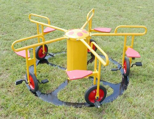 Infinity Playgrounds Infinity Cycle 5 Seat Carousel with Pedal Track, bright yellow and red playground equipment for children on grass field.