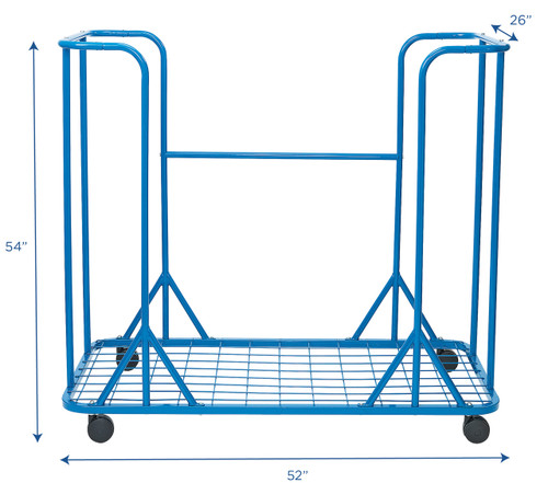 Angeles Universal Storage Cart, blue metal rolling storage cart with four wheels and measurements 54 inches high, 52 inches wide, and 26 inches deep.