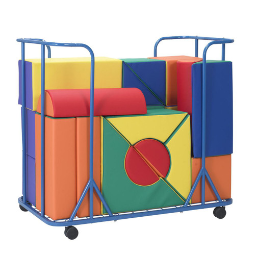 Angeles Universal Storage Cart, colorful foam blocks loaded on a blue metal frame with wheels for easy mobility.
