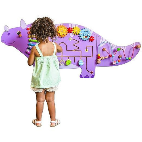 SPARK & WOW Triceratops Activity Wall Panel, purple dinosaur-shaped educational play panel with gears, beads, and mazes for kids to engage and develop fine motor skills.