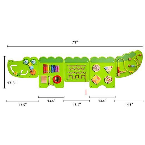 SPARK & WOW Junior Crocodile Sensory Wall Panel - Light Green, a colorful children's sensory wall panel designed with various interactive elements for sensory play and development.