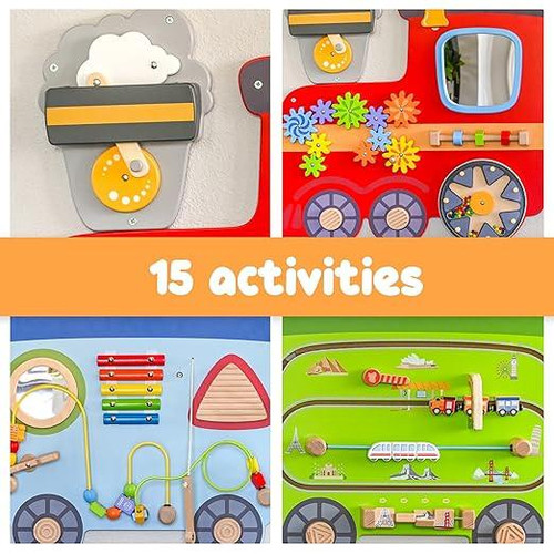 SPARK & WOW Train Montessori Wall Activity Boards, colorful educational toy with 15 activities for kids